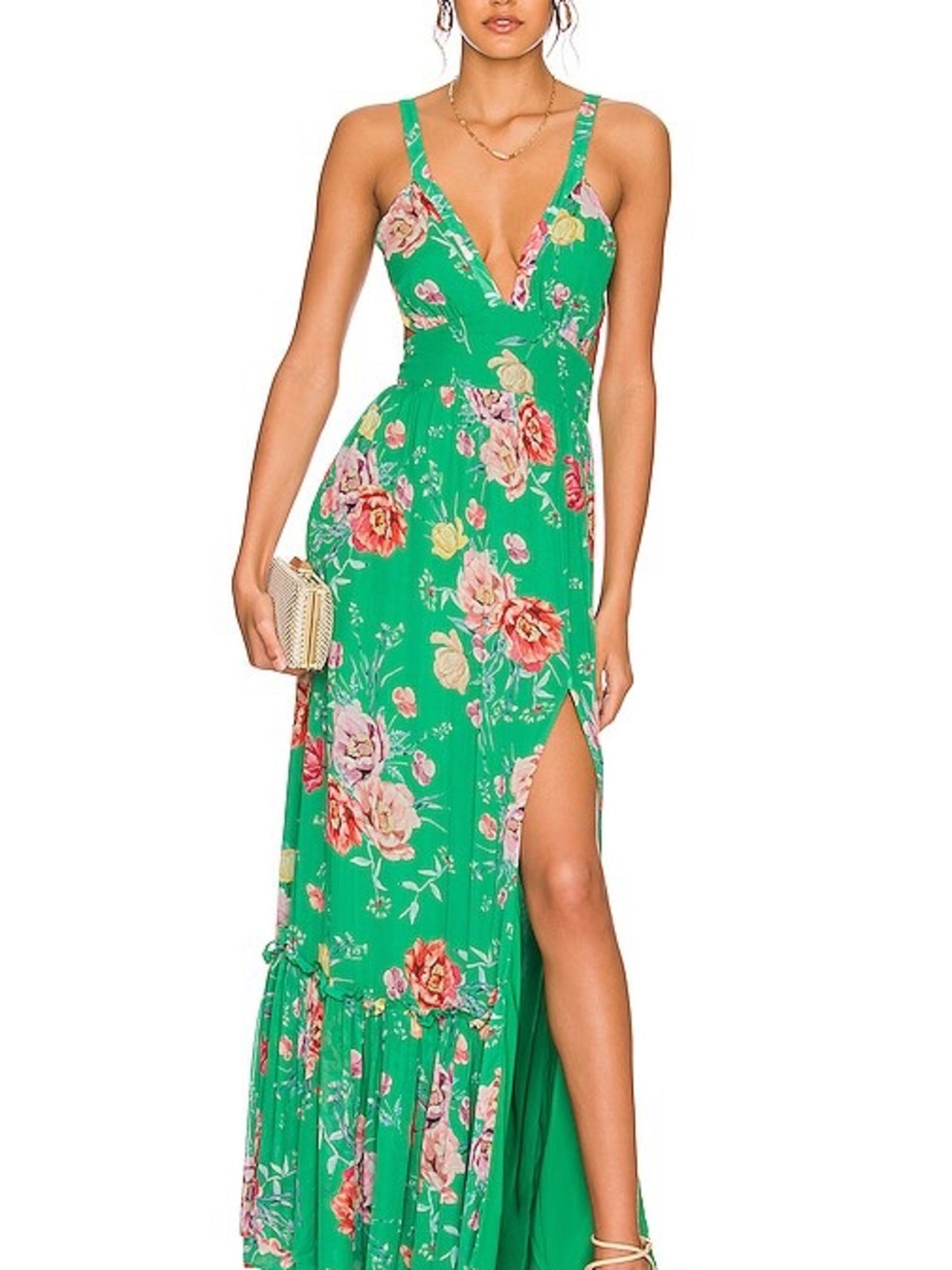 Yumi Kim Green Floral V-Neck Maxi with Side Slit